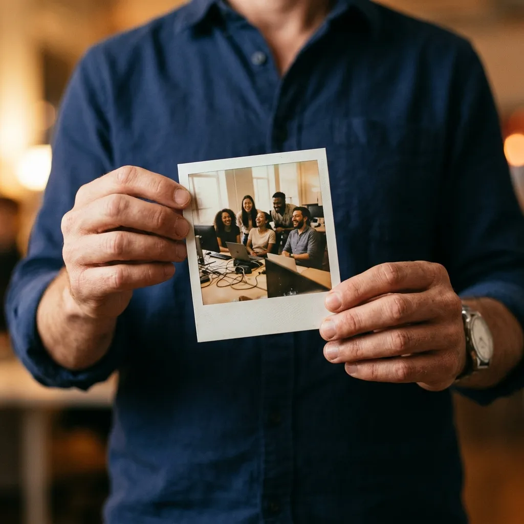Hands holding a team polaroid photo in a warm office setting