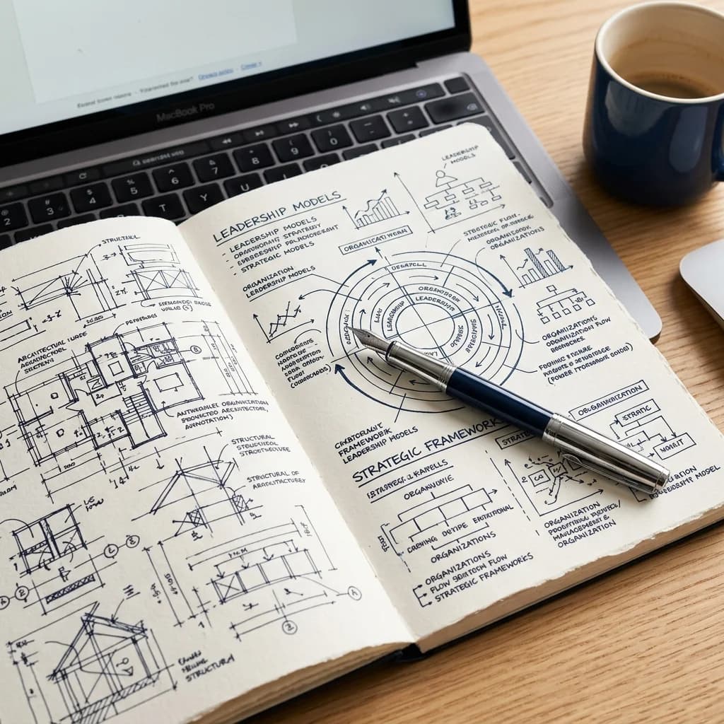 Designer notebook with technical sketches and frameworks